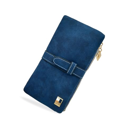 FuninCrea Geldbörsen Damen, PU Leder Lange Damen Geldbeutel Bifold Portemonnaie Damen, Groß Portmonee Damen mit Reißverschluss Tasche und Mehrere Slots für die Arbeit, Reisen (Blau) von FuninCrea