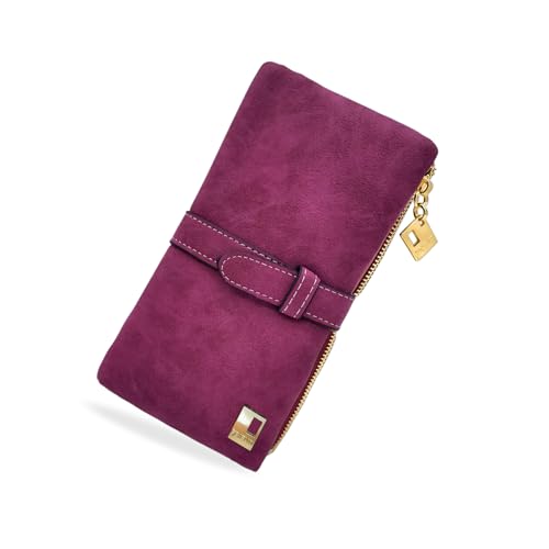 FuninCrea Geldbörsen Damen, PU Leder Lange Damen Geldbeutel Bifold Portemonnaie Damen, Groß Portmonee Damen mit Reißverschluss Tasche und Mehrere Slots für die Arbeit, Reisen (Rot) von FuninCrea