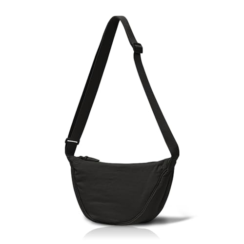 FuninCrea Halbmond Tasche Damen, wasserdichte Nylon Halbmond Crossbody Schultertasche mit Reißverschluss, Halbmond Schultertasche Damen Halbmond Tasche Sling Bag mit verstellbarem Riemen (schwarz) von FuninCrea