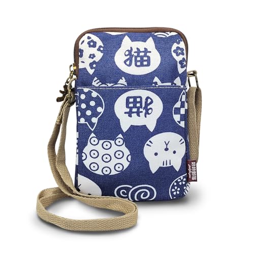 FuninCrea Handy Umhängetasche Leinen Klein Crossbody Bag Damen, Kleine Umhängetasche Damen 3-Lagen-Taschen Handy Tasche mit Reißverschluss und Verstellbarem Schulterriemen (Blaue Katze) von FuninCrea