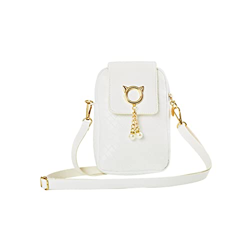 FuninCrea Handytasche zum Umhängen mit Perle Anhänger, PU Leder Handy Umhängetasche Damen mit Reißverschluss und Snap, Kleine Umhängetasche Damen mit verstellbaren Schultergurten für Handy (Weiß) von FuninCrea