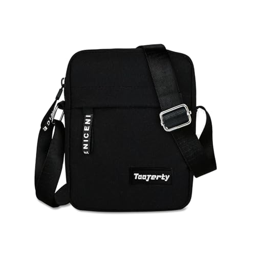 FuninCrea Herren Umhängetasche Klein Messenger Bag Schwarz 18.6 cm x 14 cm x 5.3 cm Wasserdicht Reißverschluss 2 Taschen Verstellbarer Schulterriemen für Arbeit, Reisen, Dating, Wandern und Camping von FuninCrea