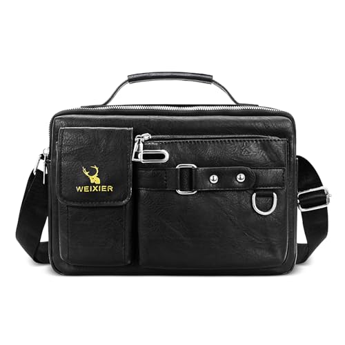 FuninCrea Herren Umhängetasche PU-Leder Messenger Bag Herren, Mehrfachtaschen Männerhandtasche Wasserdicht Ledertasche Herren mit Griff und Verstellbarem Schultergurt für Reisearbeit (Schwarz) von FuninCrea