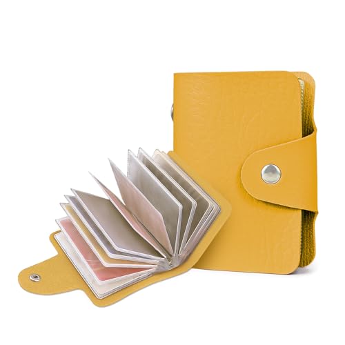 FuninCrea Kartenetui Damen mit 12 Doppelseitigen Hüllen - 24 Kartenfächer, Kunstleder Portemonnaie Damen Kartenhalter Ausweis Kompakt Karten Portemonnaie Dame Kreditkartenetui mit Schnapper (Gelb) von FuninCrea