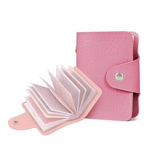 FuninCrea Kartenetui Damen mit 12 Doppelseitigen Hüllen - 24 Kartenfächer, Kunstleder Portemonnaie Damen Kartenhalter Ausweis Kompakt Karten Portemonnaie Dame Kreditkartenetui mit Schnapper (Rosa) von FuninCrea