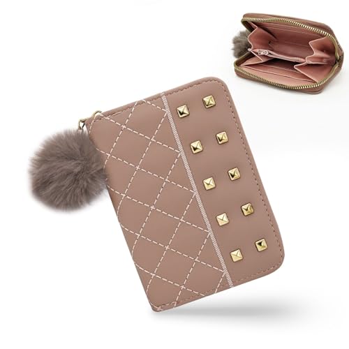 FuninCrea Kleine Damen-Geldbörse, PU-Leder, modische kleine Geldbörse mit Reißverschluss und Plüschball, tragbare Damen-Geldbörse mit Metallnieten und Rautenmuster, braun, 9 x 2.5 x 12.5cm, Modern von FuninCrea