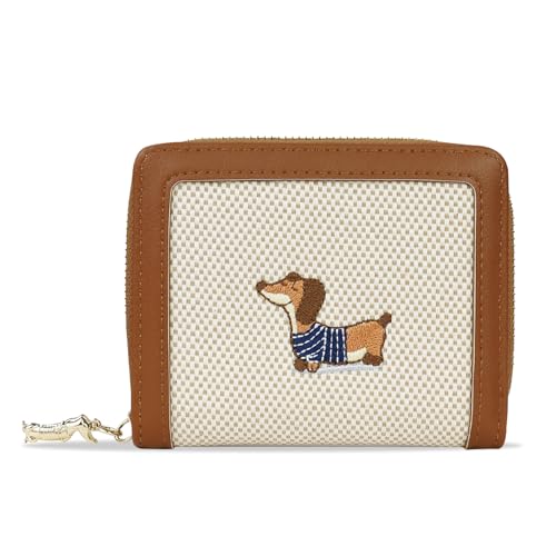 FuninCrea Kleines Portemonnaie Damen, Kunstleder Geldbörse Damen mit 5 Kreditkartenfächern, 1 ID-Fenster, Dackel-Stickerei Karten Portemonnaie Geldbeutel Klein mit Reißverschluss-Münzfach (Braun) von FuninCrea