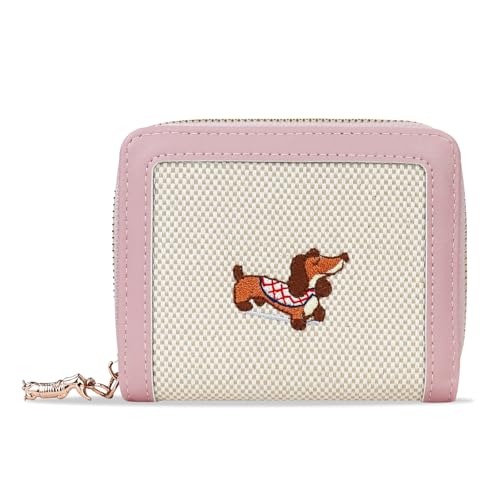 FuninCrea Kleines Portemonnaie Damen, Kunstleder Geldbörse Damen mit 5 Kreditkartenfächern, 1 ID-Fenster, Dackel-Stickerei Karten Portemonnaie Geldbeutel Klein mit Reißverschluss-Münzfach (Rosa) von FuninCrea