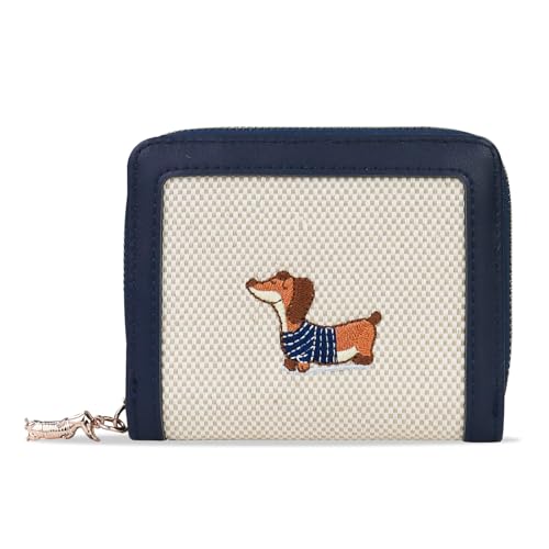 FuninCrea Kleines Portemonnaie Damen, Kunstleder Geldbörse Damen mit 5 Kreditkartenfächern, 1 ID-Fenster, Dackel-Stickerei Karten Portemonnaie Geldbeutel Klein mit Reißverschluss-Münzfach (Marineblau) von FuninCrea