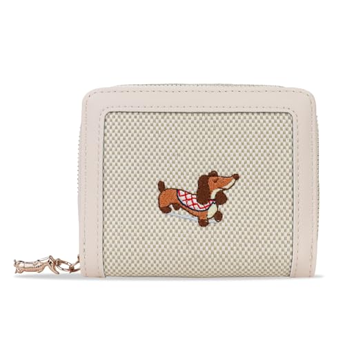FuninCrea Kleines Portemonnaie Damen, Kunstleder Geldbörse Damen mit 5 Kreditkartenfächern, 1 ID-Fenster, Dackel-Stickerei Karten Portemonnaie Geldbeutel Klein mit Reißverschluss-Münzfach (Hellrosa) von FuninCrea
