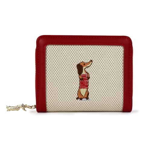 FuninCrea Kleines Portemonnaie Damen, Kunstleder Geldbörse Damen mit 5 Kreditkartenfächern und ID-Fenster, Dackel-Stickerei Karten Portemonnaie Geldbeutel Klein mit Reißverschluss-Münzfach (Rot) von FuninCrea