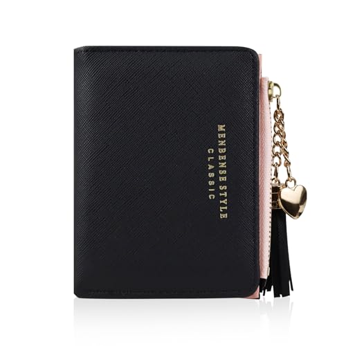 FuninCrea Kleines Portemonnaie Damen, Kunstleder Geldbörse Damen mit Reißverschluss-Münztasche, Quasten-Anhänger Slim Wallet Kompakt Geldbeutel Klein mit 5 Kreditkartenfächern und ID-Fenster (Schwarz) von FuninCrea