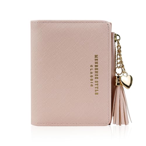 FuninCrea Kleines Portemonnaie Damen, Kunstleder Geldbörse Damen mit Reißverschluss-Münztasche, Quasten-Anhänger Slim Wallet Kompakt Geldbeutel Klein mit 5 Kreditkartenfächern und ID-Fenster (Rosa) von FuninCrea