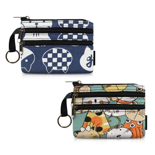 FuninCrea Kleines Portemonnaie Damen Münzbeutel mit 3 Reißverschlusstaschen und Schlüsselring, Niedliches Cartoon-Muster Coin Purse für Frauen und Mädchen, Mini Geldbeutel Damen für Münze (Stil 6) von FuninCrea