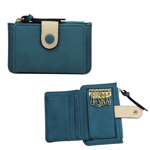 FuninCrea Kleines Portemonnaie Damen PU-Leder Schlüsselmäppchen mit Hängenden Schnallenhaken, Damen Geldbörsen Kompakt Damen Geldbeutel mit 5 Kartenfächern und Münzreißverschlusstasche (Blau) von FuninCrea