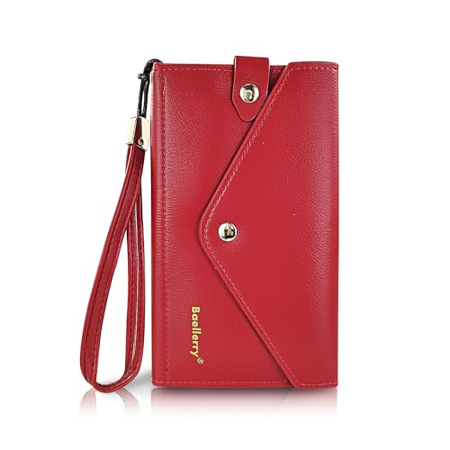 FuninCrea Lange Geldbörse für Damen mit Handgelenkschlaufe für Handy, Umschlag-förmige Damen-Geldbörse aus Kunstleder mit Kartenfächern und Reißverschlussfach, Rot/Ausflug, einfarbig (Getaway Solids von FuninCrea