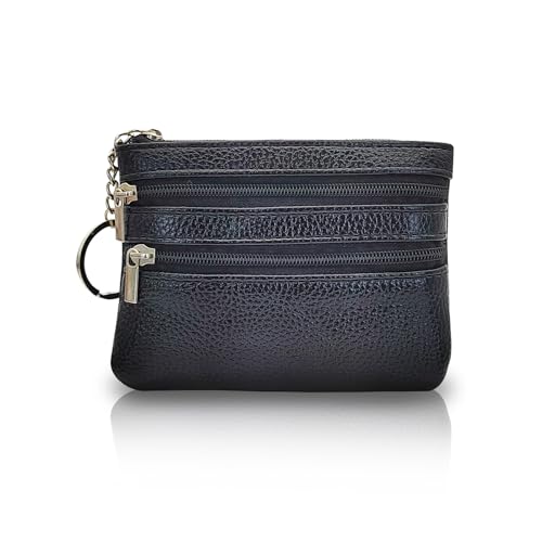 FuninCrea Münzbeutel Portemonnaie Damen Klein, Münzbörse Geldbörse Klein 3-Taschen Münzgeldbeutel Coin Purse mit Schlüsselanhänger, Münztasche Mini Geldbeutel für Damen und Mädchen (Schwarz) von FuninCrea