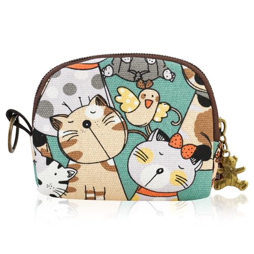 FuninCrea Münzbörsen für Damen Halbkreisförmig Kleiner Geldbeutel Damen mit Tiermotiv für Frauen und Mädchen, Dame Portemonnaie Segeltuch Mini Portemonnaie Dame Beutel mit Schlüsselring (Stil 3) von FuninCrea