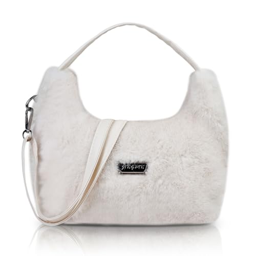 FuninCrea Plüsch Damen-umhängetaschen Trendy Handtasche Damen mit Reißverschluss, Umhängetasche Klein Vielseitig Handtaschen Damen Crossbody Bag mit Abnehmbarem Schulterriemen für den Reisen (Weiß) von FuninCrea