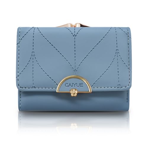 FuninCrea Portemonnaie Damen Klein, Kunstleder Damen Geldbörsen Kuss-Schloss Münzgeldbeutel Tri-Fold Geldbörse Klein Kompakt Karten Portemonnaie mit 5 Kreditkartenfächern und Schnappverschluss (Blau) von FuninCrea