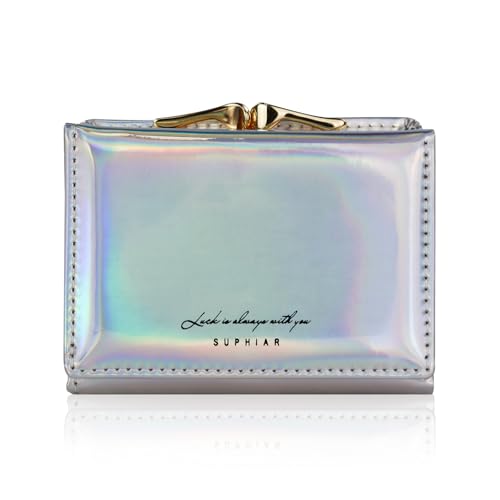 FuninCrea Portemonnaie Damen Klein, Wasserdichtes Kunstleder Geldbörse Damen Kuss-Schloss Karten Portemonnaie, Schillernder Regenbogen Portmonee Klein mit 7 Kartenfächern und 1 ID-Fenster (Silber) von FuninCrea