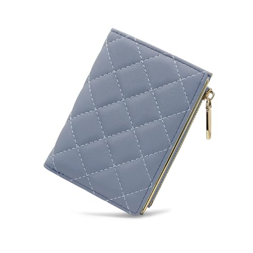 FuninCrea Portemonnaie Damen Klein PU Leder Karten Portemonnaie mit 5 Kartenfächern und Münzfach mit Reißverschluss, Damen Geldbörsen Bifolder Damen Portemonnaie mit ID Fenster (Blau) von FuninCrea