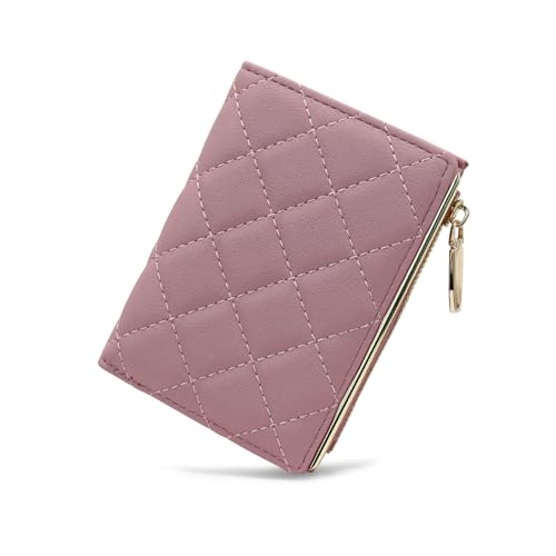 FuninCrea Portemonnaie Damen Klein PU Leder Karten Portemonnaie mit 5 Kartenfächern und Münzfach mit Reißverschluss, Damen Geldbörsen Bifolder Damen Portemonnaie mit ID Fenster (Rosa) von FuninCrea
