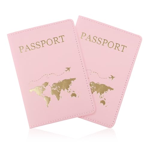 FuninCrea Reisepass Halter, PU Leder Reisepass Abdeckung Reise Geldbörse mit Mehreren Slots, schlanke Reisepasshülle Geldbörse mit goldenem Muster für Reisepaß, Visitenkarten (Rosa+Rosa) von FuninCrea