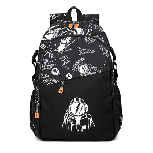 FuninCrea Rucksäcke für Damen Männer, Astronauten-Stil Lässig Rucksack mit 3 Taschen, Rucksack Damen Großer Rucksack Strapazierfähiges Nylon Rucksack Herren für 15 Zoll Laptop-Fach (Schwarz) von FuninCrea