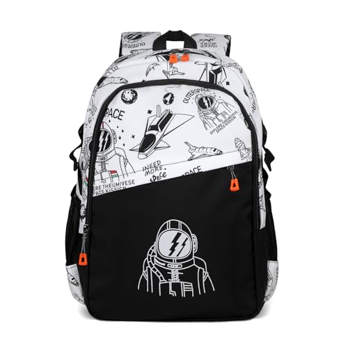 FuninCrea Rucksäcke für Damen Männer, Astronauten-Stil Lässig Rucksack mit 3 Taschen, Rucksack Damen Großer Rucksack Strapazierfähiges Nylon Rucksack Herren für 15 Zoll Laptop-Fach (Weiß) von FuninCrea