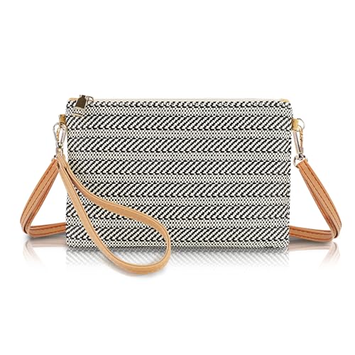FuninCrea Stroh-Clutch-Geldbörse für Damen, Handgelenk-Geldbörse mit 3 Kartenfächern und verstellbarem Riemen, gewebt, kleine Crossbody-Tasche, Schwarz, Small von FuninCrea