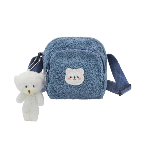 FuninCrea Umhängetasche, flauschige Plüsch Schultertasche für Frauen, kleine Umhängetasche mit verstellbarem Schultergurt, doppelte Reißverschlusstaschen Umhängebeutel mit Bär Anhänger (blau) von FuninCrea