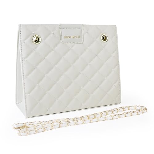FuninCrea Umhängetasche Damen Gestepptes Gestaltung Damen Handtasche mit Abnehmbarem Kettenriemen, Modisches Kunstleder Handtasche Klein Crossbody Bag mit Magnetischem Druckknopf-Verschluss (Weiß) von FuninCrea