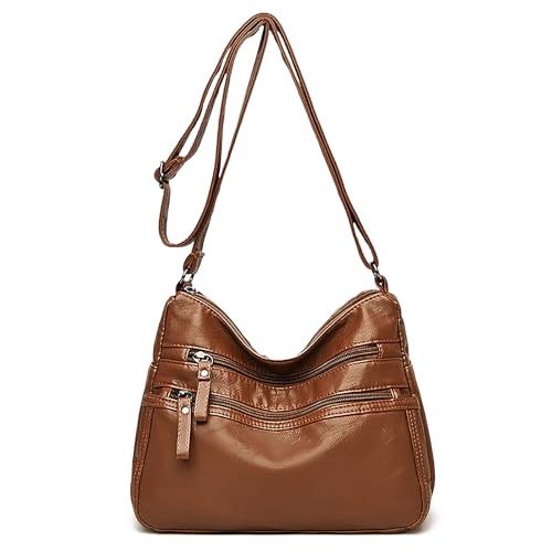 FuninCrea Umhängetasche Damen Gross mit 5 Reißverschlusstaschen, Crossbody Bag Damen PU-Leder Schultertasche Damen Handtasche Damen mit Verstellbarem Schultergurt zum Einkaufen Reisen (Braun) von FuninCrea