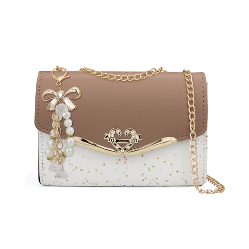 FuninCrea Umhängetasche Damen Leder Crossbody Bag Damen Groß Pailletten mit Kettenriemen und Anhänger, Große Kapazität Schultertasche Damen mit 2 Fächern und 1 Reißverschlusstasche (Khaki) von FuninCrea