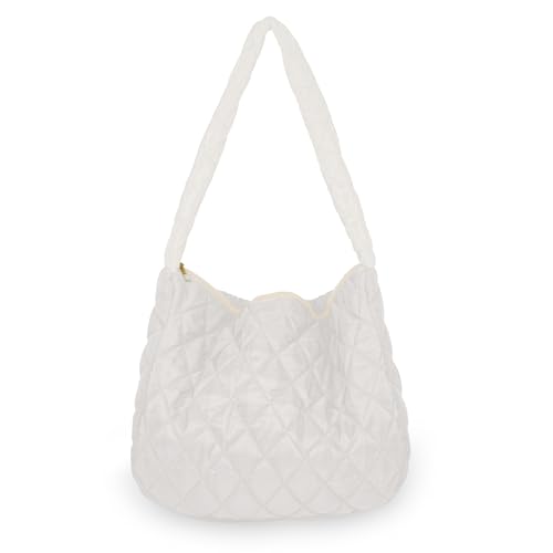 FuninCrea gesteppte Tote Bag für Frauen, Nylon große Tote Bag Puffy Tote Bags mit Reißverschluss, Gittermuster gesteppte Handtaschen Umhängetasche mit breitem Griff zum Shopping (weiß) von FuninCrea