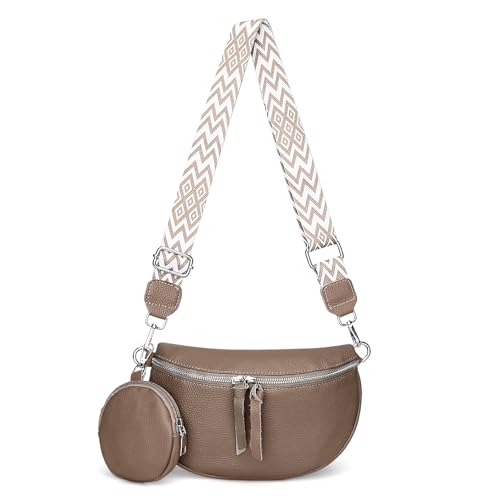 FuninCrea umhängetasche damen Echtes Leder mit 2 Taschen und Münzgeldbörse, crossbody bag damen Halbmond-Form handtasche damen kleine schultertasche damen mit abnehmbarem Schulterriemen (Khaki) von FuninCrea