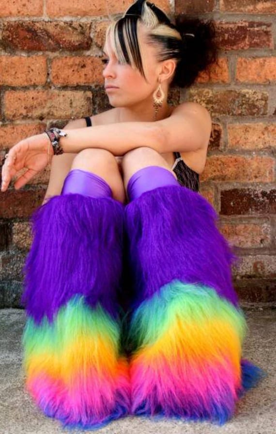 Flauschige Flauschige Beinstulpen Neon Einfarbig Kunstfell Viele Farben Rave Punk Goth Gemütlich Pelzige Gogo Zweifarbig von FunkiBClubwear