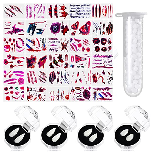 4 Paar Vampirgebiss 30 pcs Halloween Temporäre Tattoos, Vampir Zähne, falsche Zähne, Blutsauger, Accessoire, perfekt für Halloween + 1 Tube Teeth Pellets Adhesive von Funklu