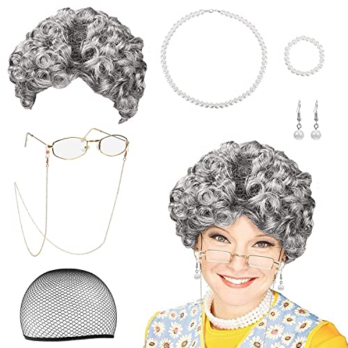 Oma Perücke Grauer Old Lady Kostüm Großmutter Cosplay Zubehör Set Zubehör mit Locken Oma Perücke, Madea Oma Brille, Brillenketten Kordelriemen, Perlenschmuck Oma Verkleidung von Funklu