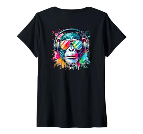 Damen Bunte Coole Affen-Graffiti-Kopfhörer-Kunst T-Shirt mit V-Ausschnitt Damen Bunte Coole Affen-Graffiti-Kopfhörer-Kunst T-Shirt mit V-Ausschnitt von Funky Ape Vibes