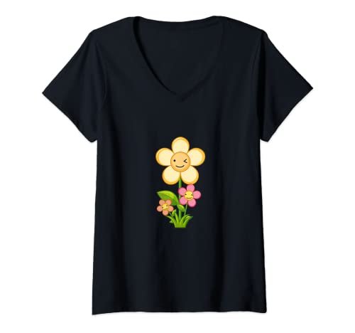Damen Flippige Blume mit gelbem Smiley-Gesicht der 70er Jahre Retro T-Shirt mit V-Ausschnitt Damen Flippige Blume mit gelbem Smiley-Gesicht der 70er Jahre Retro T-Shirt mit V-Ausschnitt von Funky Flower with a Yellow Smiley Face 70s Retro