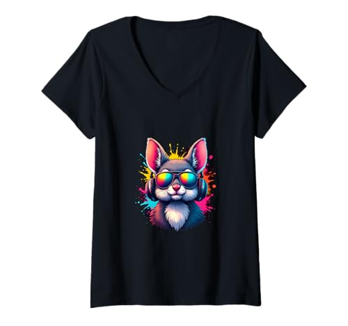 Damen Cooles Eichhörnchen mit Kopfhörern Retro Splash T-Shirt mit V-Ausschnitt Damen Cooles Eichhörnchen mit Kopfhörern Retro Splash T-Shirt mit V-Ausschnitt von Funky Forest Beats