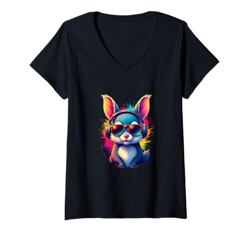 Damen Cooles Eichhörnchen mit Kopfhörern Retro Splash T-Shirt mit V-Ausschnitt Damen Cooles Eichhörnchen mit Kopfhörern Retro Splash T-Shirt mit V-Ausschnitt von Funky Forest Beats