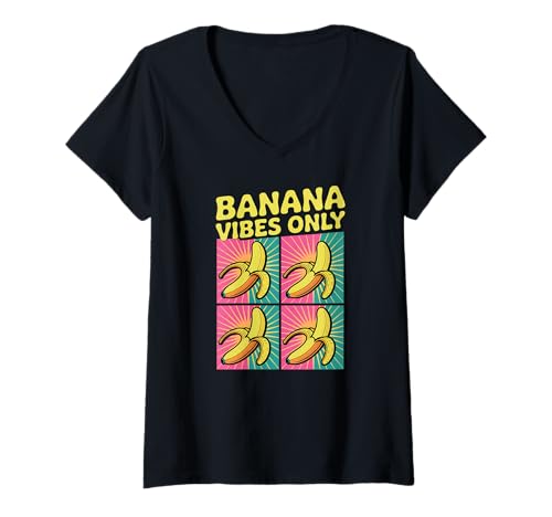 Damen Banana Vibes Only Color Pop Art Muster Retro Fruit T-Shirt mit V-Ausschnitt Damen Banana Vibes Only Color Pop Art Muster Retro Fruit T-Shirt mit V-Ausschnitt von Funky Fruit Art Apparel Gifts by Anastasia