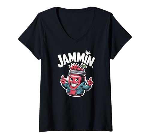 Damen Jammin Attitude Glas mit Kirsche T-Shirt mit V-Ausschnitt Damen Jammin Attitude Glas mit Kirsche T-Shirt mit V-Ausschnitt von Funky Fruit Jam Rock Cool Style