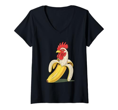 Damen Bananen-Huhn-Hybrid-Illustration T-Shirt mit V-Ausschnitt Damen Bananen-Huhn-Hybrid-Illustration T-Shirt mit V-Ausschnitt von Funky Fusion Wear