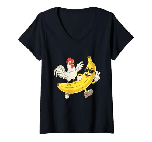 Damen Coole Banane mit Huhn im Cartoon-Stil T-Shirt mit V-Ausschnitt Damen Coole Banane mit Huhn im Cartoon-Stil T-Shirt mit V-Ausschnitt von Funky Fusion Wear