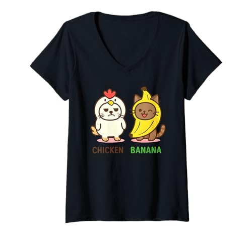 Damen Niedliche Tiere in Huhn- und Bananen-Kostümen Kawaii T-Shirt mit V-Ausschnitt von Funky Fusion Wear