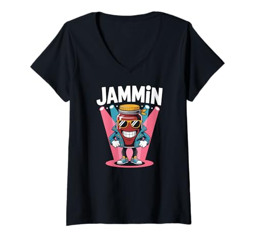 Damen Jammin Funky Jam Jar mit Sonnenbrille Spotlight T-Shirt mit V-Ausschnitt Damen Jammin Funky Jam Jar mit Sonnenbrille Spotlight T-Shirt mit V-Ausschnitt von Funky Jam Jar With Sunglasses Cool Vibe